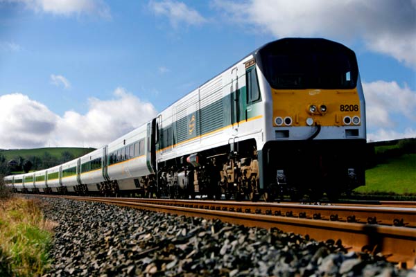 Train travelling at speed towards viewer
