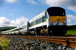 Train travelling at speed towards viewer