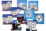 Diagram showing Mobatime's range of analog and digital industrial clocks.