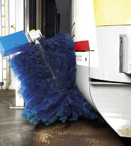 A train front being washed with a Westmatic system